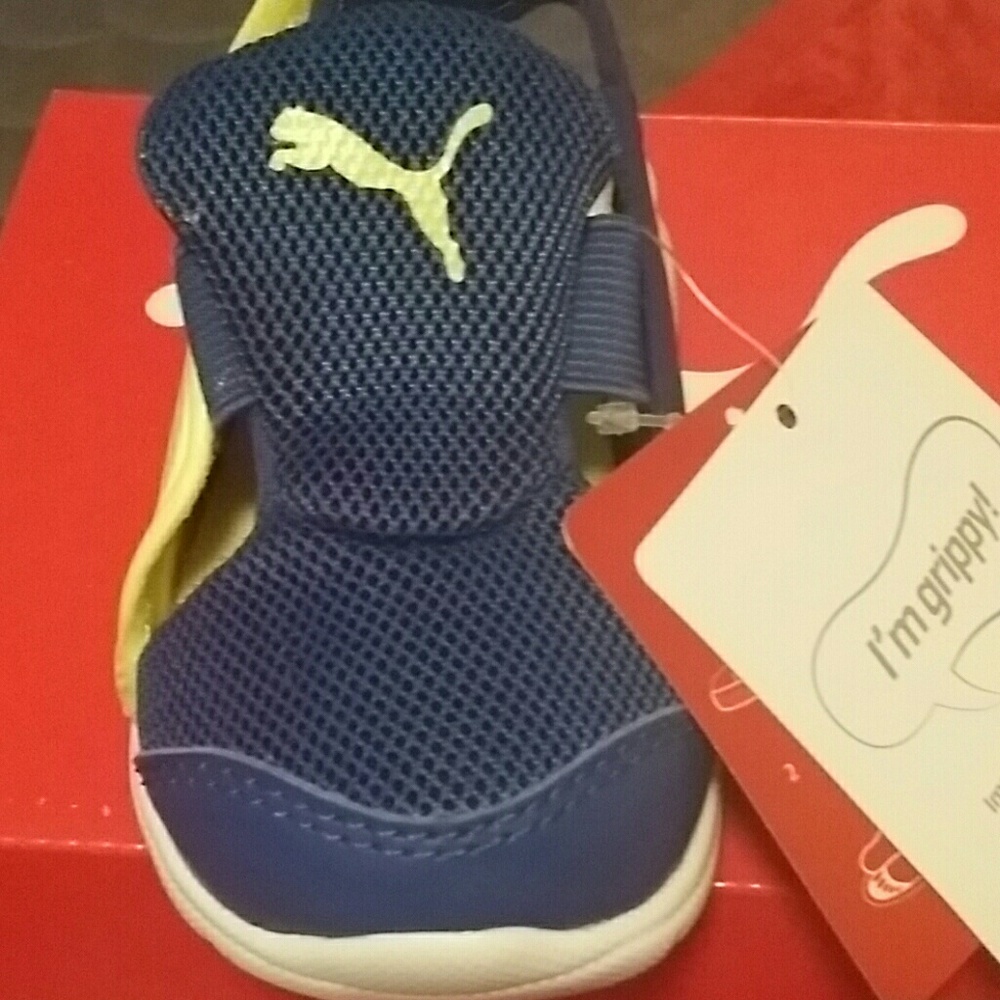 Baby Pumas slip-on sandals unisex blue and yellow